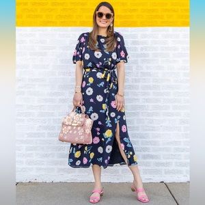 Ann Taylor Floral Navy Midi Dress With Flutter Sleeve 77379 Size 4 Petite NWT